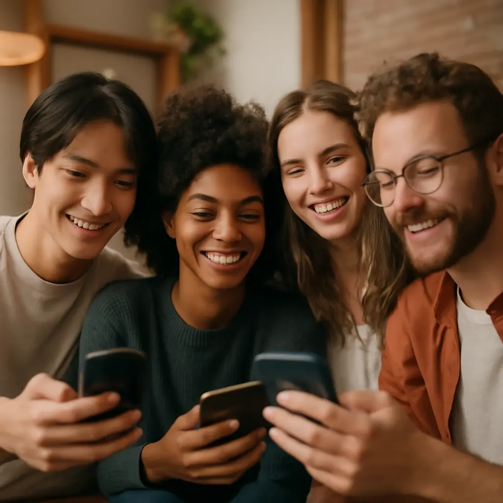 Diverse group of people smiling while looking at their phones, sharing content