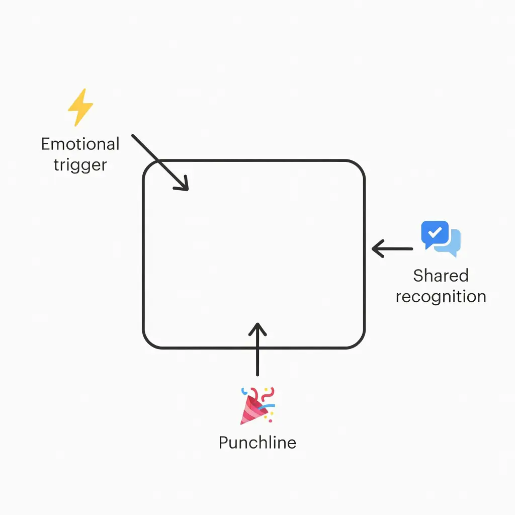 Flat-design illustrated diagram of a gambling meme template with labeled arrows pointing to the emotional trigger, punchline, and community recognition elements