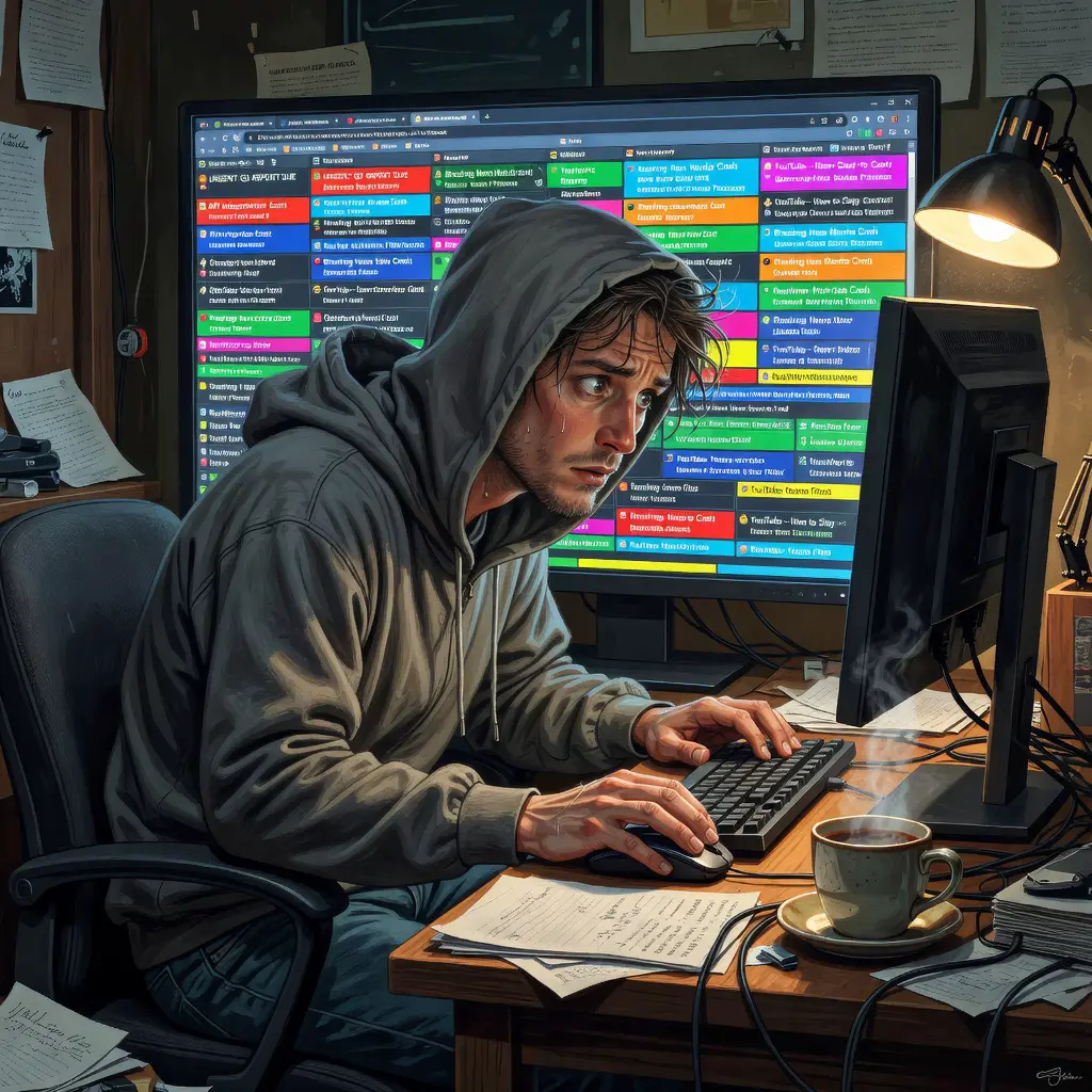 Casino player with too many browser tabs open Czech online casino player sitting at a computer with dozens of browser tabs open, coffee cup nearby, looking overwhelmed but determined while doing casino research