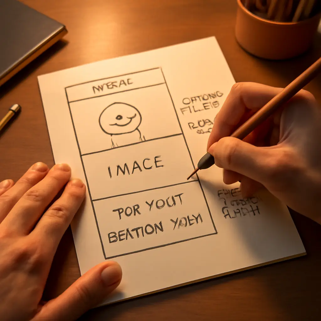 Hands sketching a meme layout on paper