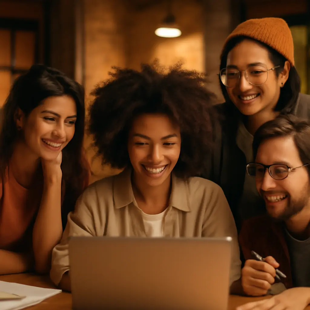 A small creative team discussing ideas on a laptop