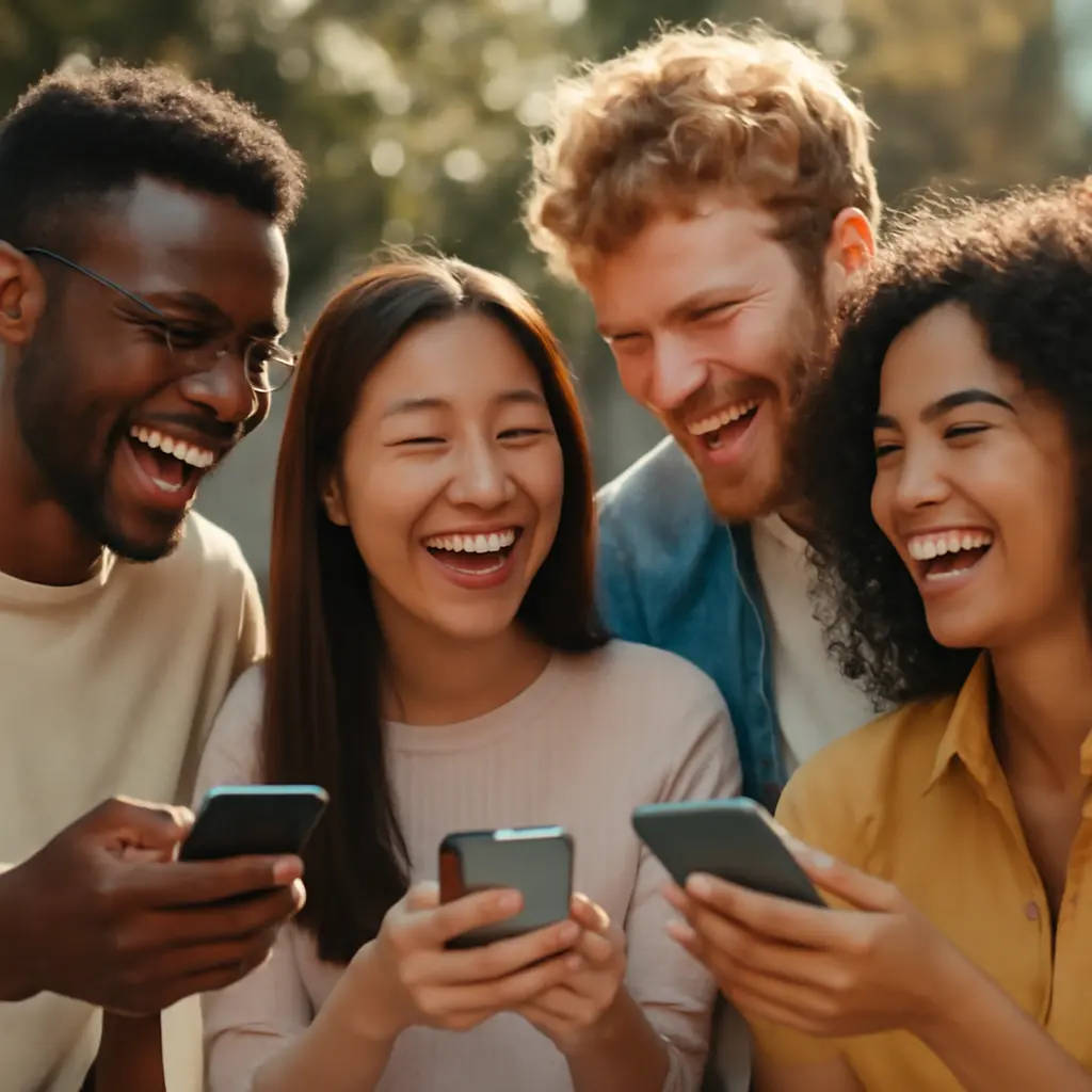 People reacting to a joke on their phones