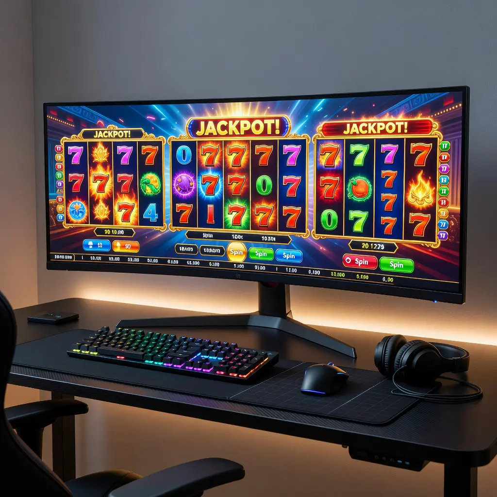 Desktop computer gaming setup with a large monitor displaying an online casino slot game, dual-screen home office environment