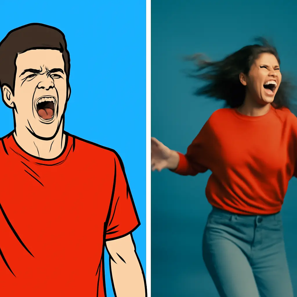 Split-screen collage of a meme and a short viral video frame