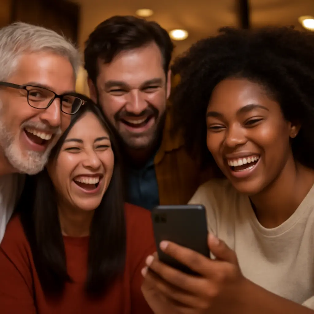 Group of diverse people laughing and reacting to content