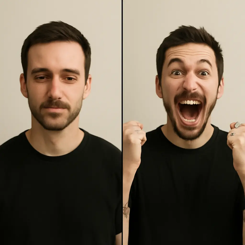A clean meme mockup showing two panels with contrasting reactions