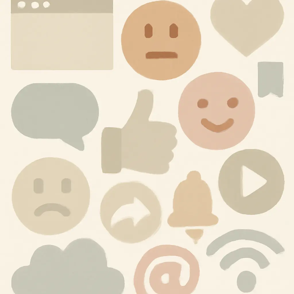 A collage of abstract, muted internet icons representing memes