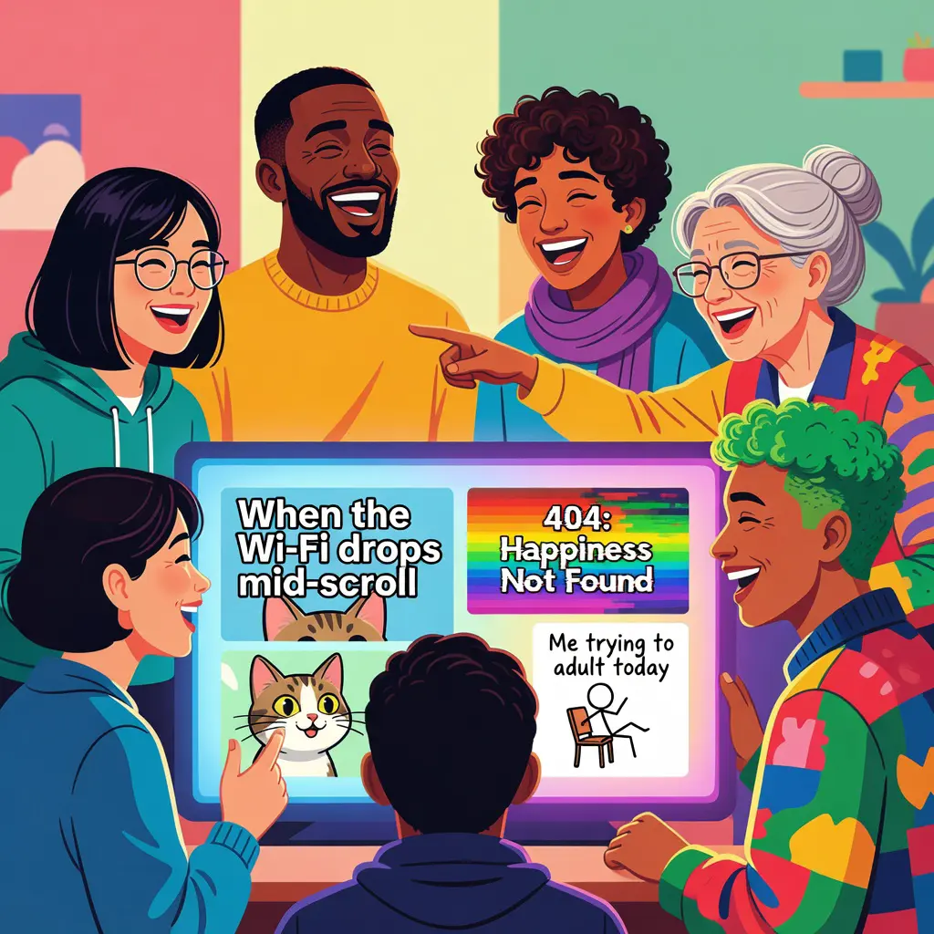 Online community humor and self-awareness illustration Colorful illustration depicting a group of diverse online community members sharing and laughing at relatable casino memes together, representing internet humor culture