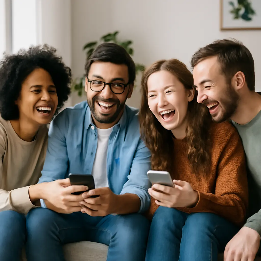Group of diverse people laughing at memes on smartphones for social sharing