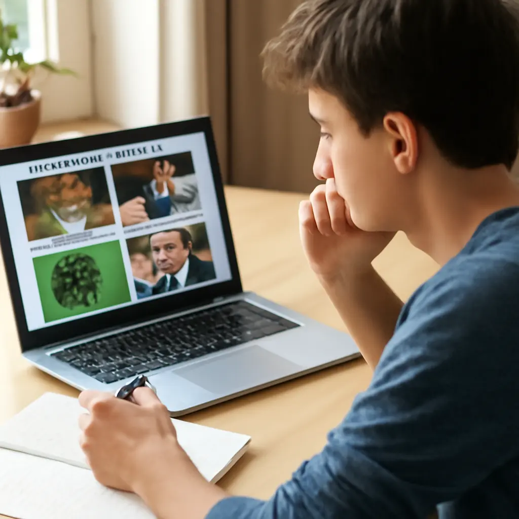 Person at desk analyzing memes on a laptop