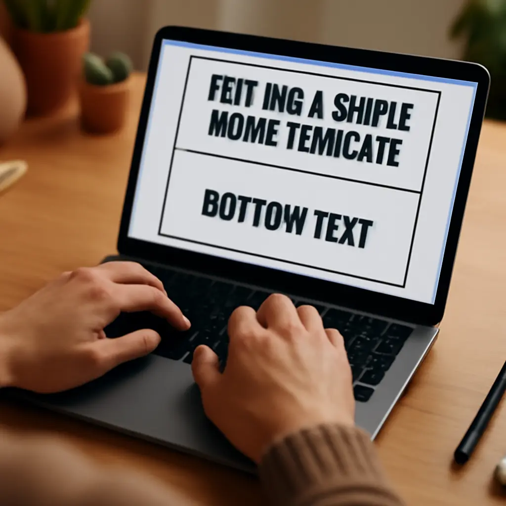 Close-up of hands editing a simple meme on a laptop