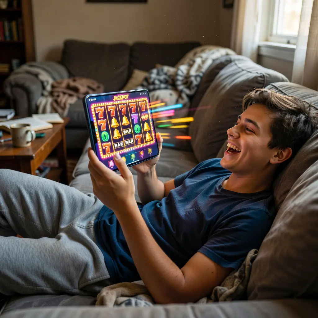 Internet humor fan laughing while playing a mobile casino app on a smartphone, capturing a funny in-game moment