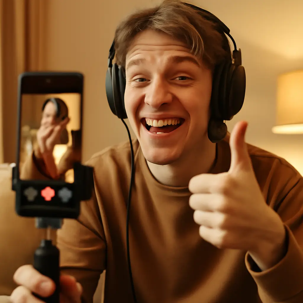 Person filming a short, humorous video on a smartphone in a casual setting