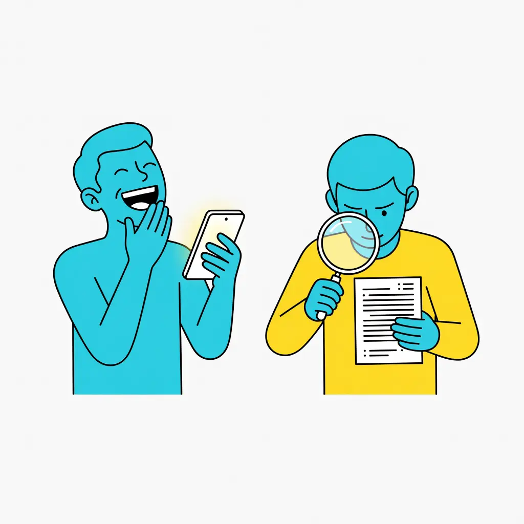 Flat-design illustration of two people: one laughing at a gambling meme on a phone, one carefully reviewing a detailed casino analysis document with a magnifying glass